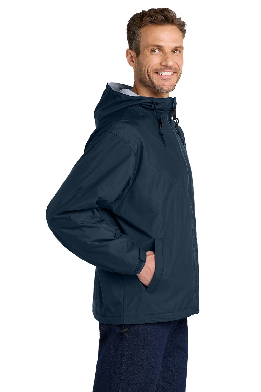 Port Authority JP56 Mens Team Wind & Water Resistant Full Zip Hooded Jacket Bright Navy Blue Model Side