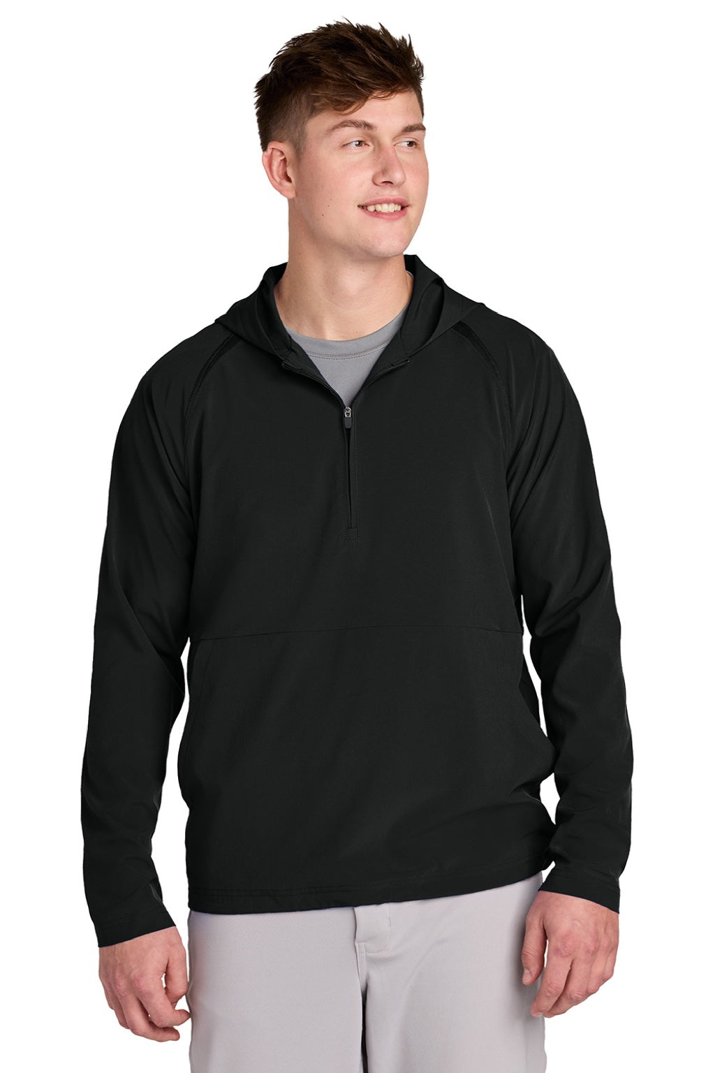Sport-Tek JST488 Mens Repeat Moisture Wicking 1/4 Zip Hooded Jacket Black Model Front