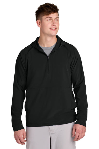 Sport-Tek JST488 Mens Repeat Moisture Wicking 1/4 Zip Hooded Jacket Black Model Front