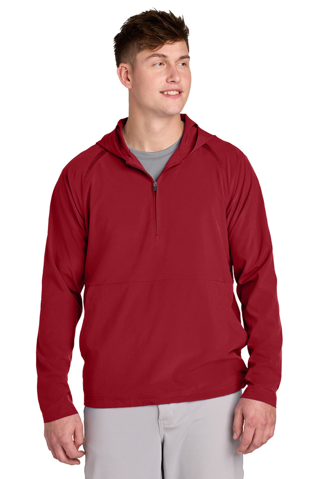 Sport-Tek JST488 Mens Repeat Moisture Wicking 1/4 Zip Hooded Jacket Deep Red Model Front