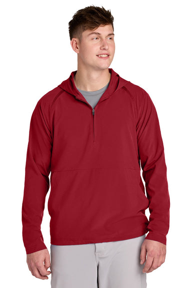 Sport-Tek JST488 Mens Repeat Moisture Wicking 1/4 Zip Hooded Jacket Deep Red Model Front
