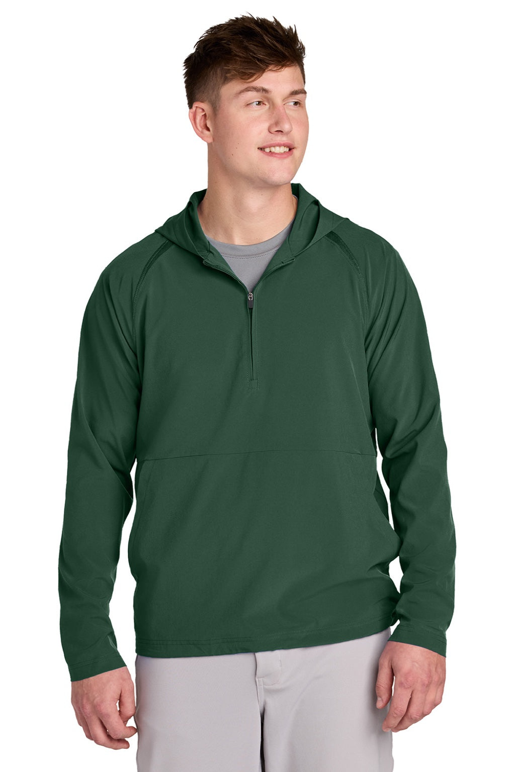 Sport-Tek JST488 Mens Repeat Moisture Wicking 1/4 Zip Hooded Jacket Forest Green Model Front