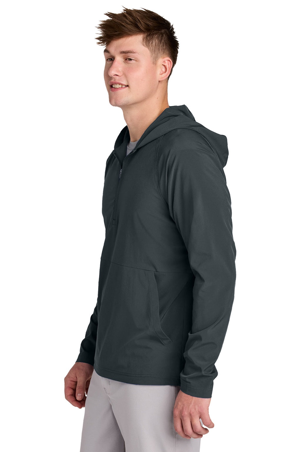 Sport-Tek JST488 Mens Repeat Moisture Wicking 1/4 Zip Hooded Jacket Iron Grey Model Side