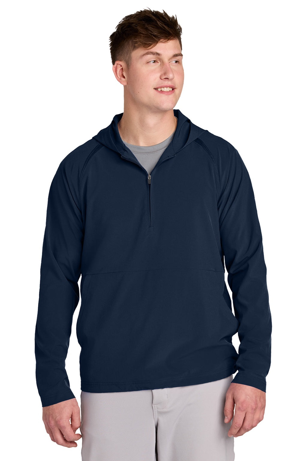 Sport-Tek JST488 Mens Repeat Moisture Wicking 1/4 Zip Hooded Jacket True Navy Blue Model Front