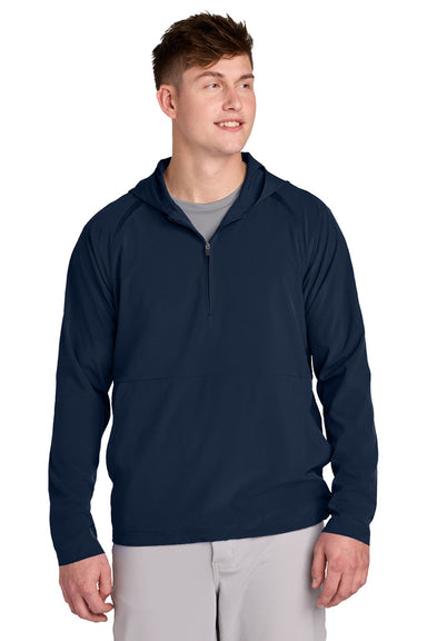 Sport-Tek JST488 Mens Repeat Moisture Wicking 1/4 Zip Hooded Jacket True Navy Blue Model Front