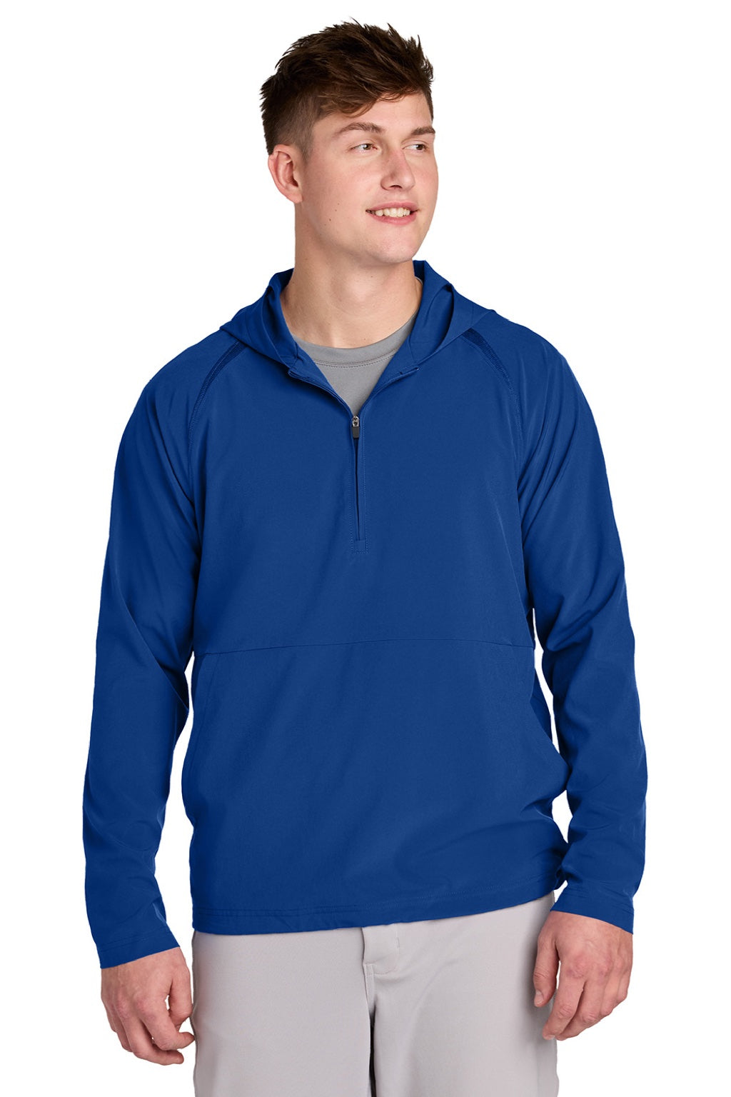 Sport-Tek JST488 Mens Repeat Moisture Wicking 1/4 Zip Hooded Jacket True Royal Blue Model Front