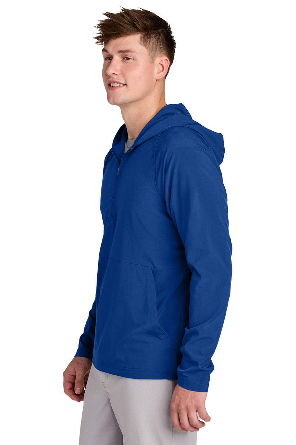 Sport-Tek JST488 Mens Repeat Moisture Wicking 1/4 Zip Hooded Jacket True Royal Blue Model Side