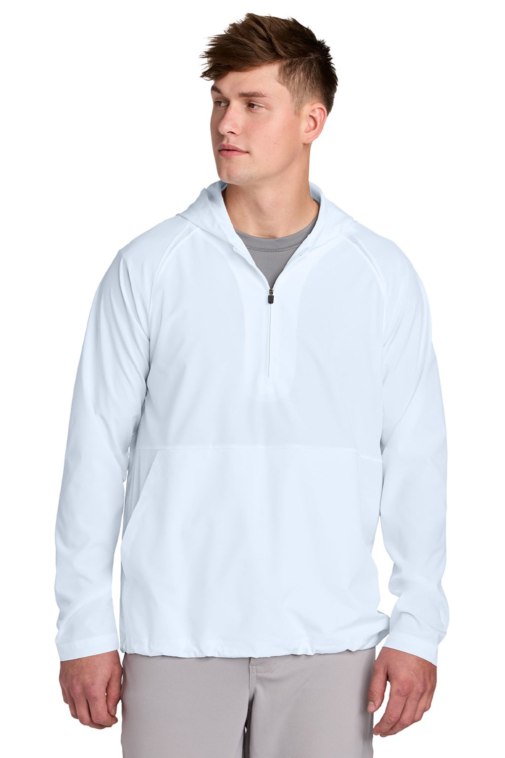 Sport-Tek JST488 Mens Repeat Moisture Wicking 1/4 Zip Hooded Jacket White Model Front