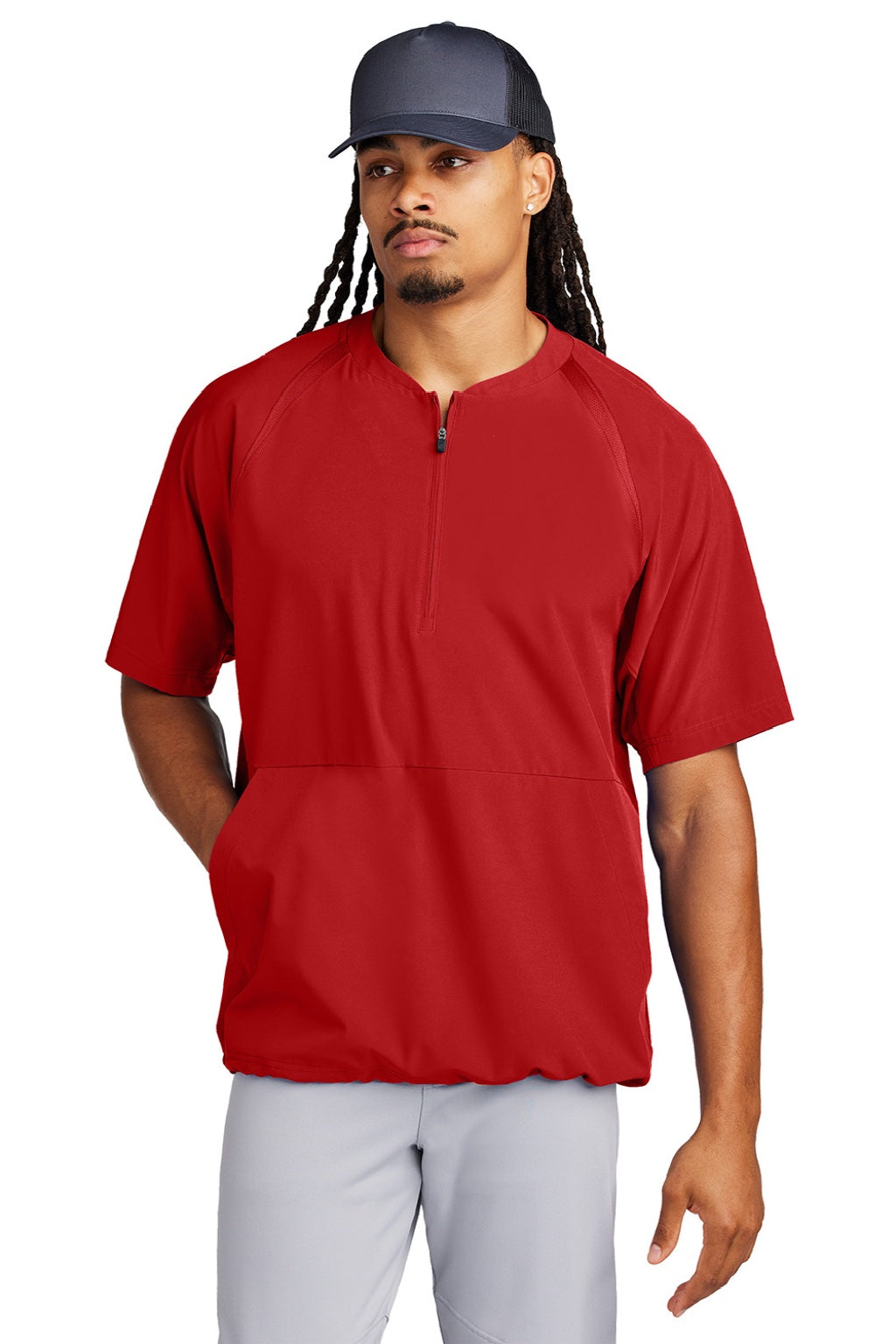 Sport-Tek JST489 Mens Repeat Moisture Wicking 1/4 Zip Short Sleeve Jacket Deep Red Model Front