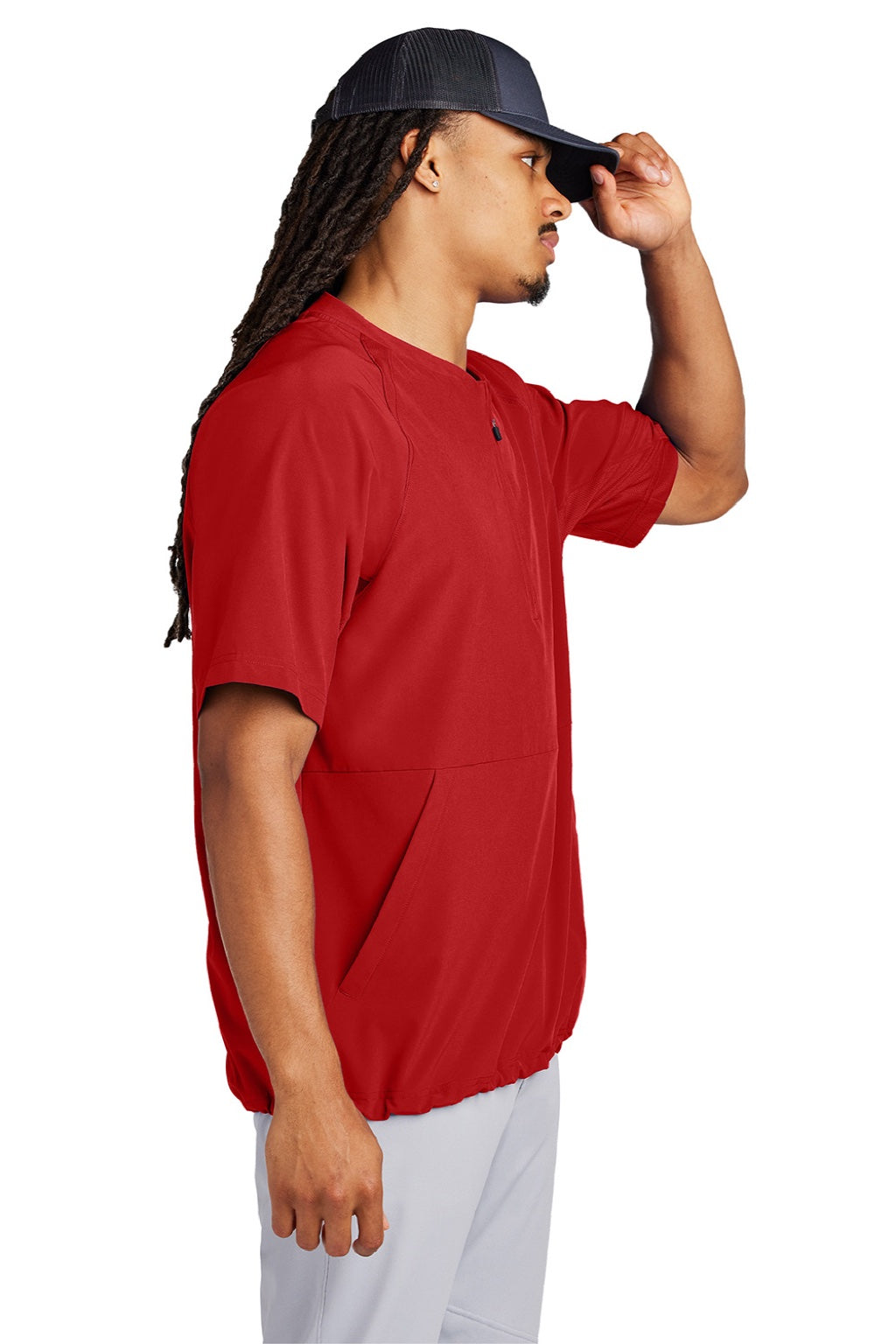 Sport-Tek JST489 Mens Repeat Moisture Wicking 1/4 Zip Short Sleeve Jacket Deep Red Model Side