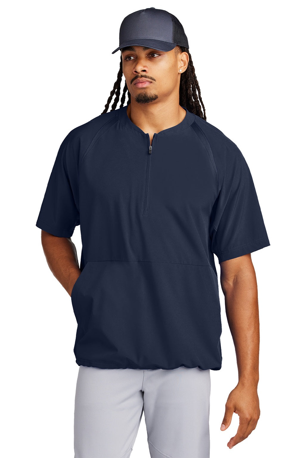 Sport-Tek JST489 Mens Repeat Moisture Wicking 1/4 Zip Short Sleeve Jacket True Navy Blue Model Front