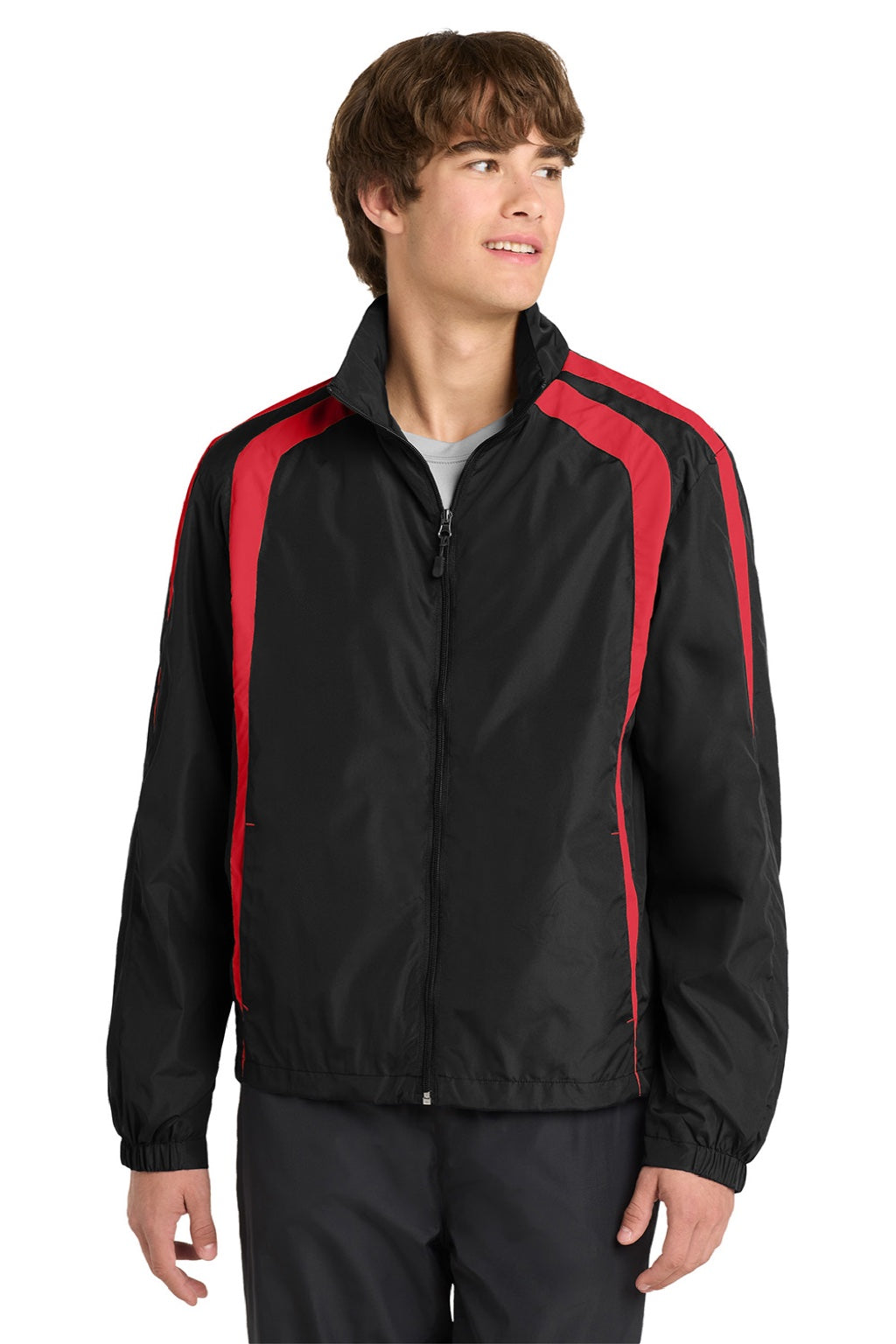 Sport-Tek JST60 Mens Water Resistant Full Zip Jacket Black/True Red Model Front