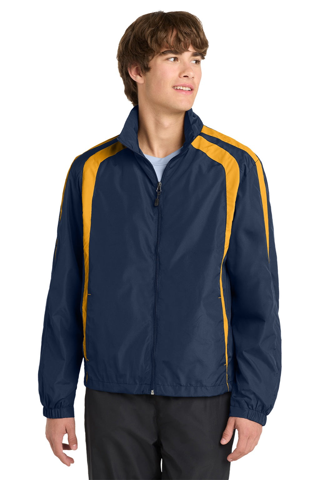 Sport-Tek JST60 Mens Water Resistant Full Zip Jacket True Navy Blue/Gold Model Front