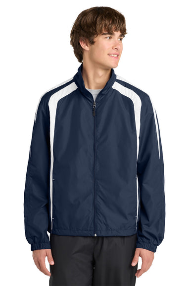 Sport-Tek JST60 Mens Water Resistant Full Zip Jacket True Navy Blue/White Model Front