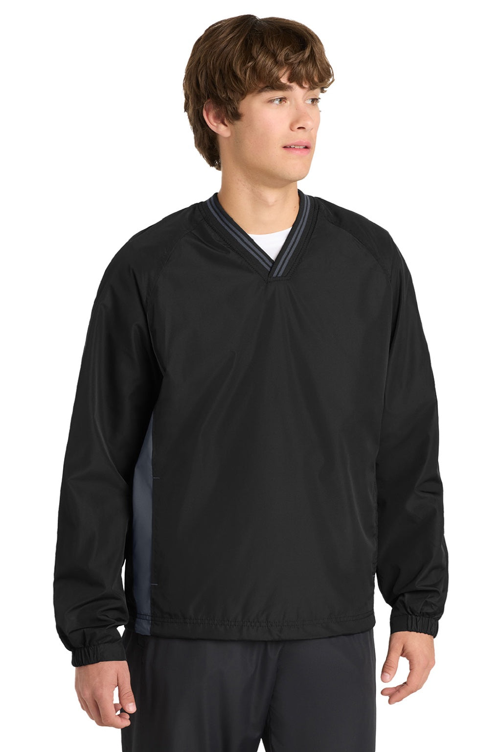 Sport-Tek JST62 Mens Water Resistant V-Neck Jacket Black/Graphite Grey Model Front