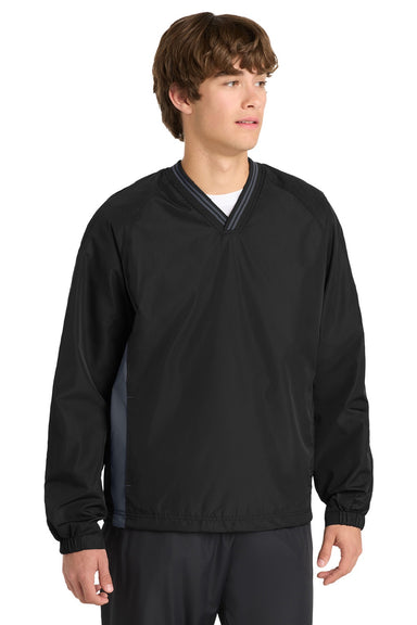 Sport-Tek JST62 Mens Water Resistant V-Neck Jacket Black/Graphite Grey Model Front