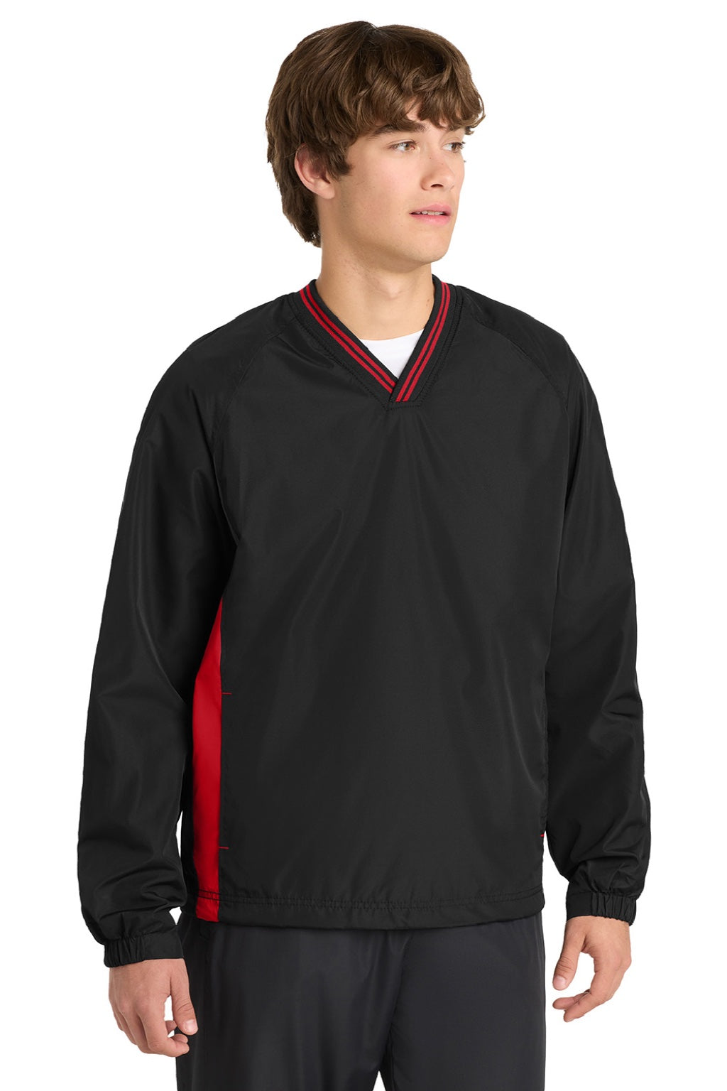 Sport-Tek JST62 Mens Water Resistant V-Neck Jacket Black/True Red Model Front