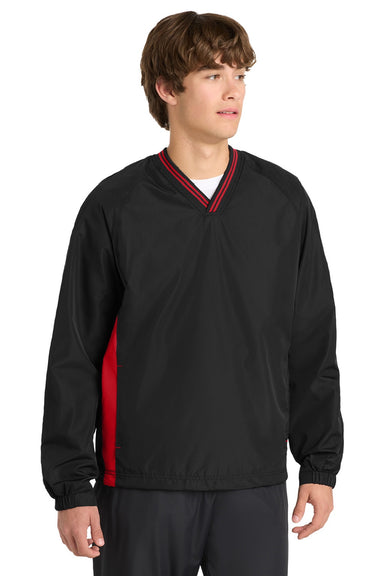 Sport-Tek JST62 Mens Water Resistant V-Neck Jacket Black/True Red Model Front