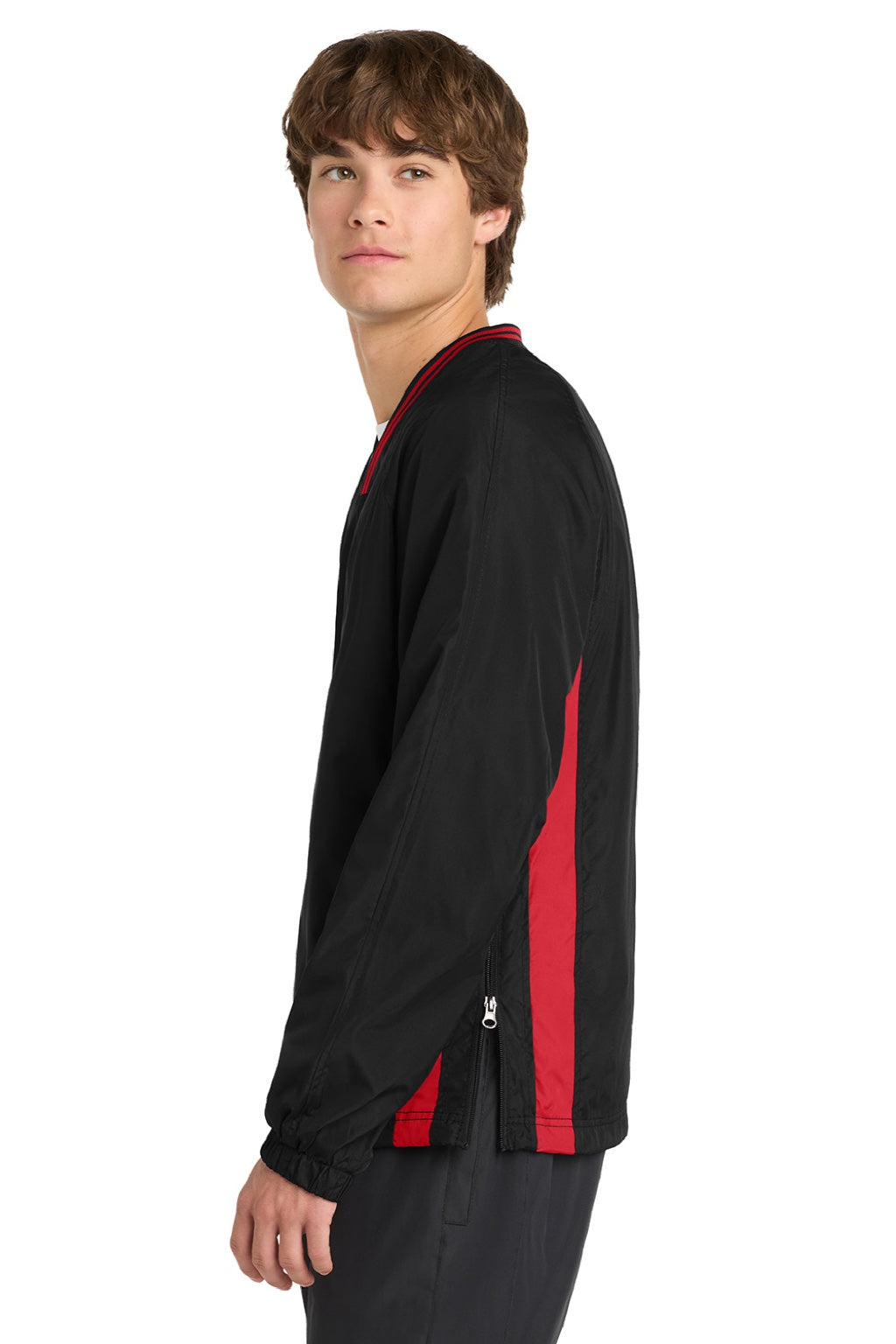 Sport-Tek JST62 Mens Water Resistant V-Neck Jacket Black/True Red Model Side