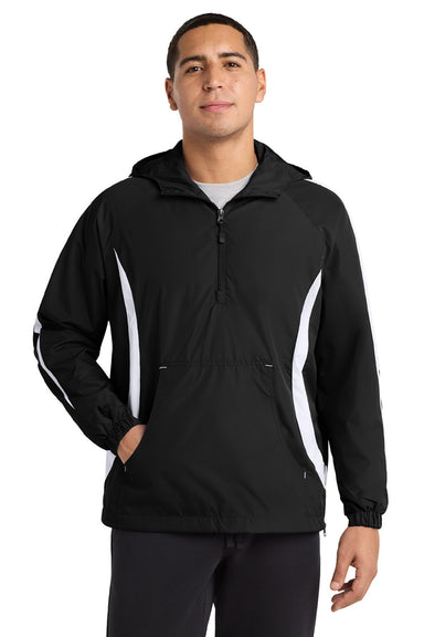 Sport-Tek JST63 Mens 1/4 Zip Hooded Jacket Black/White Model Front