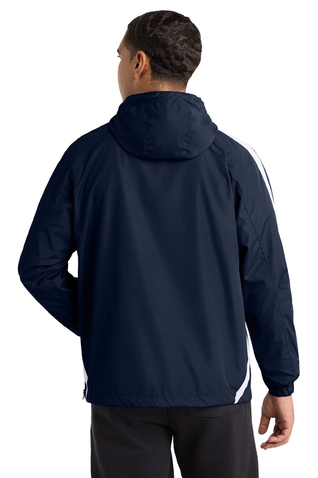 Sport-Tek JST63 Mens 1/4 Zip Hooded Jacket True Navy Blue/White Model Back