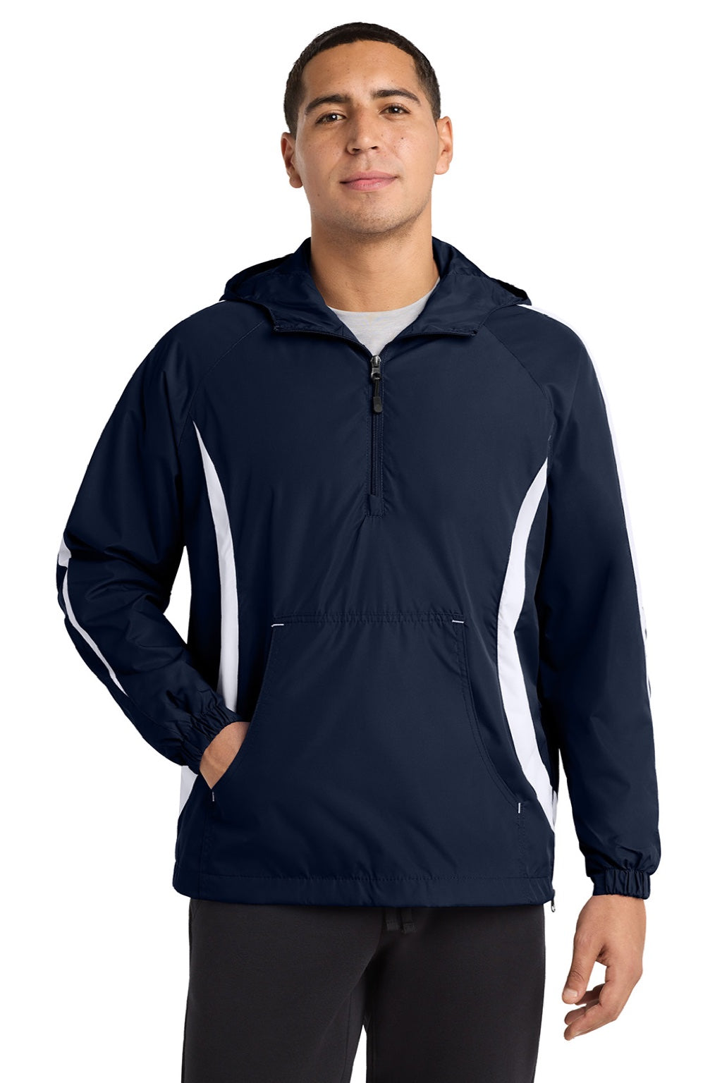 Sport-Tek JST63 Mens 1/4 Zip Hooded Jacket True Navy Blue/White Model Front