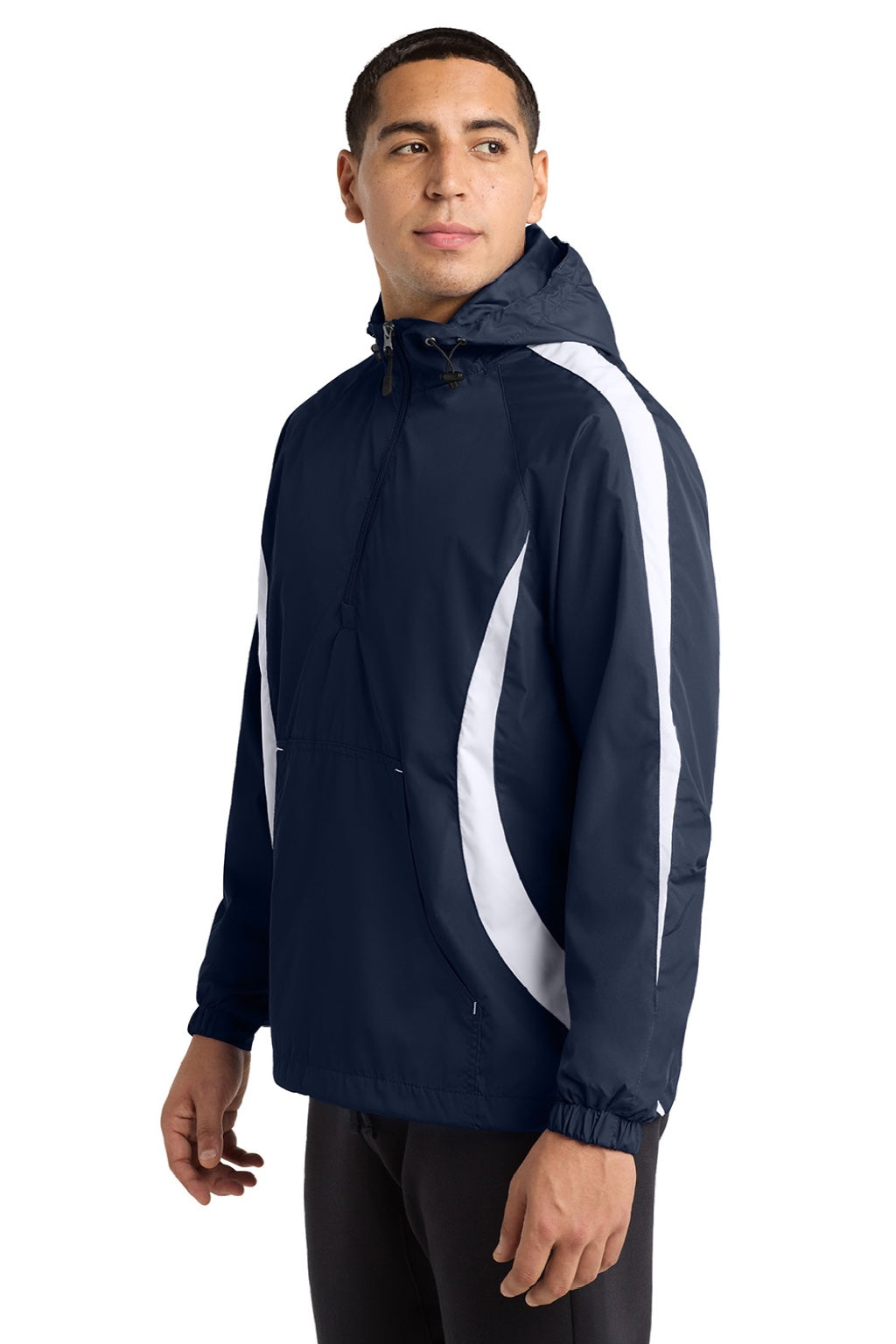 Sport-Tek JST63 Mens 1/4 Zip Hooded Jacket True Navy Blue/White Model Side