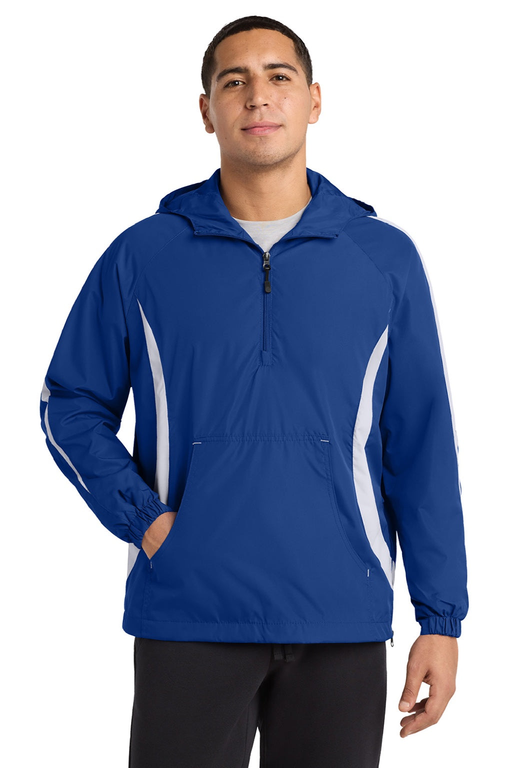 Sport-Tek JST63 Mens 1/4 Zip Hooded Jacket True Royal Blue/White Model Front