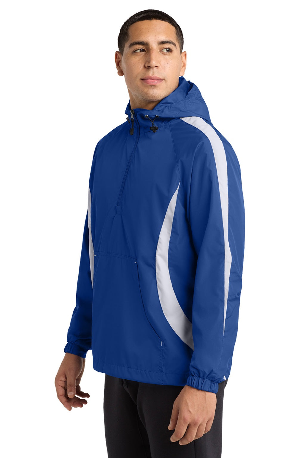 Sport-Tek JST63 Mens 1/4 Zip Hooded Jacket True Royal Blue/White Model Side