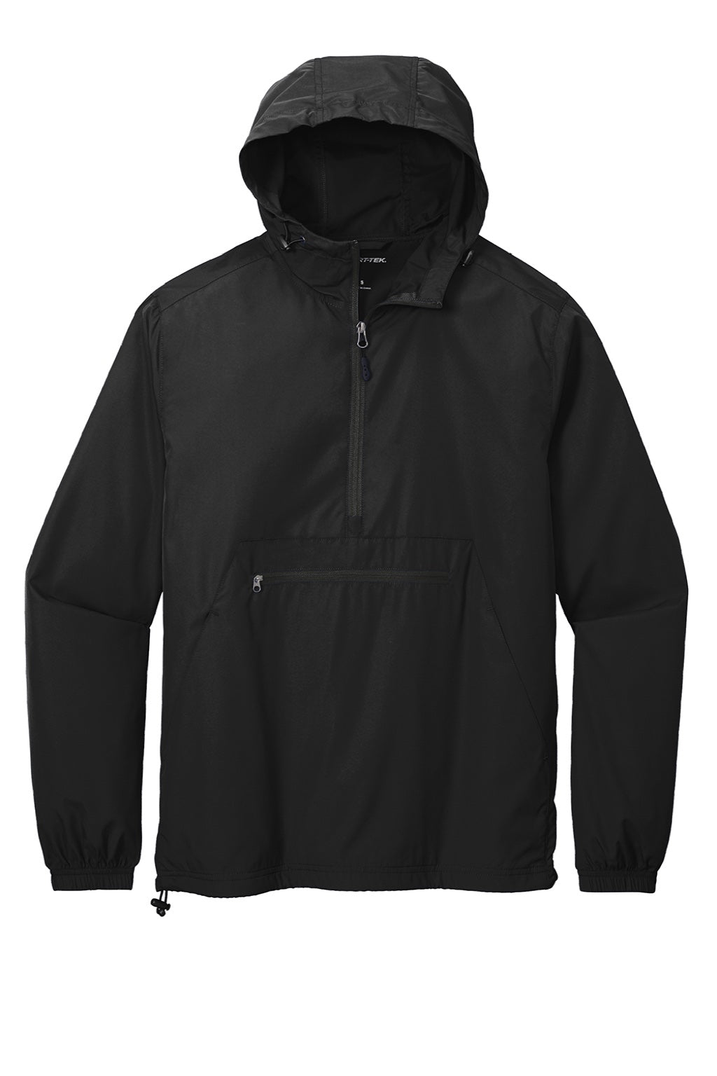 Sport-Tek JST66 Mens Wind & Water Resistant Packable Anorak 1/4 Zip Hooded Jacket Black Flat Front
