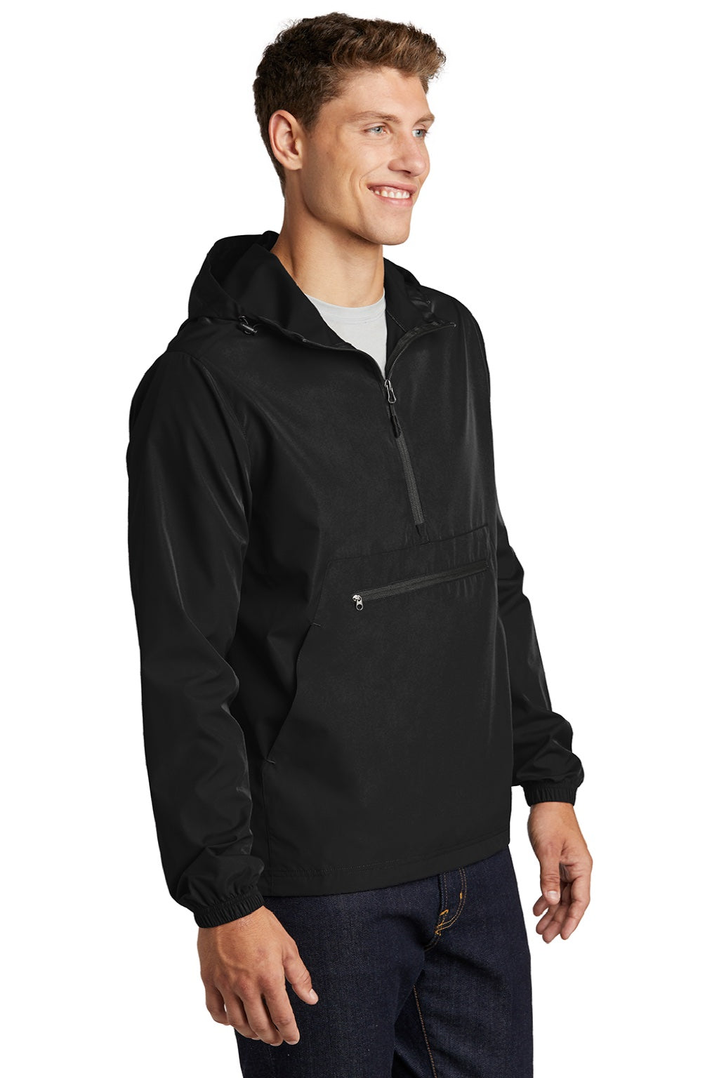 Sport-Tek JST66 Mens Wind & Water Resistant Packable Anorak 1/4 Zip Hooded Jacket Black Model 3q