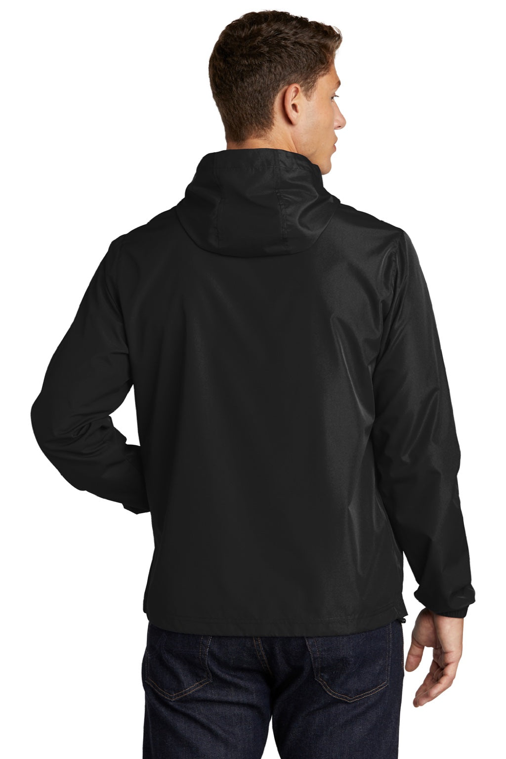 Sport-Tek JST66 Mens Wind & Water Resistant Packable Anorak 1/4 Zip Hooded Jacket Black Model Back