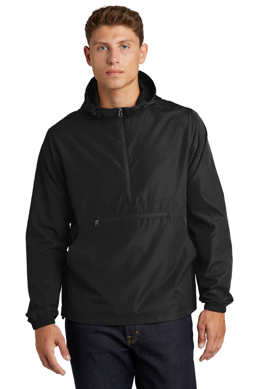 Sport-Tek JST66 Mens Wind & Water Resistant Packable Anorak 1/4 Zip Hooded Jacket Black Model Front