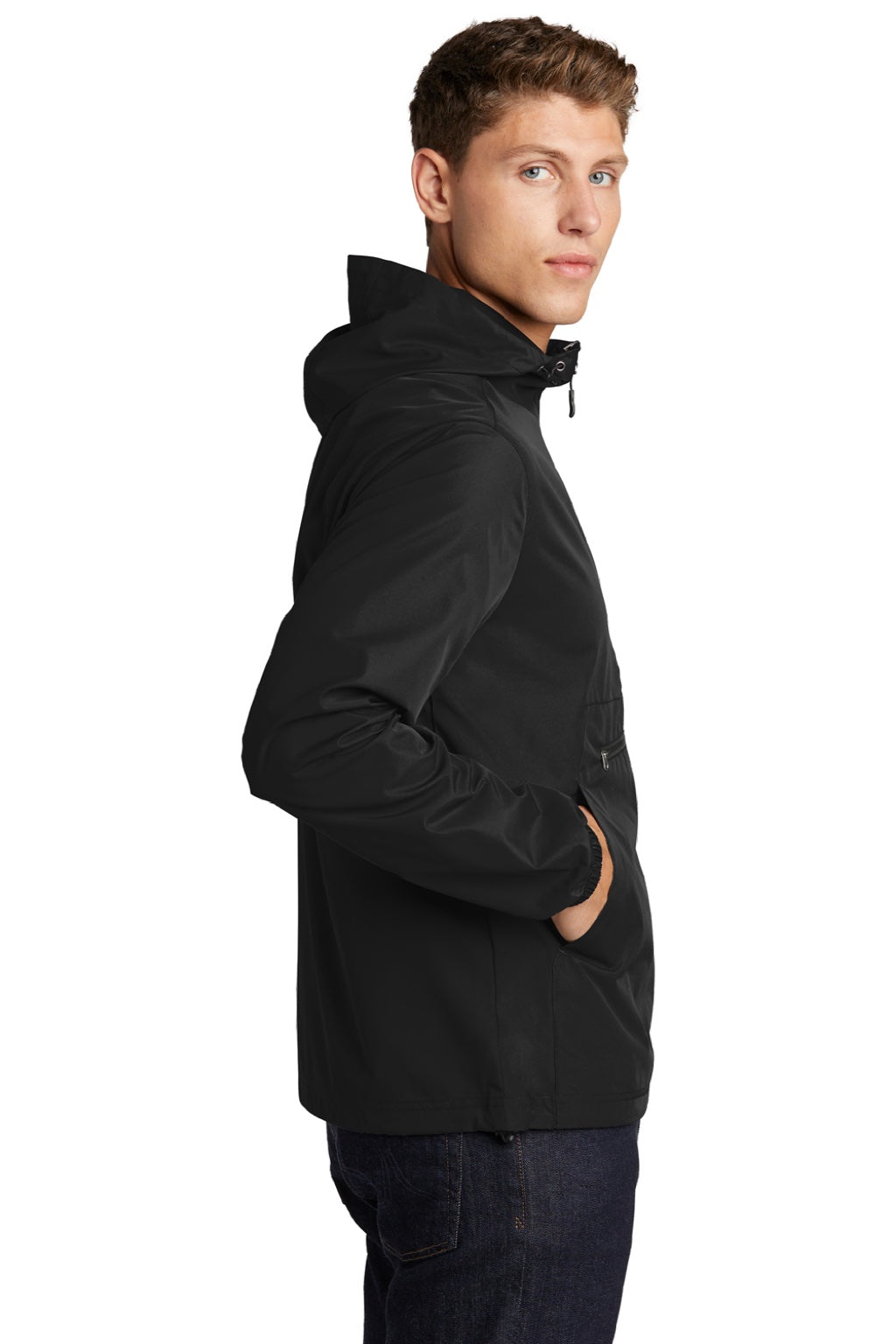 Sport-Tek JST66 Mens Wind & Water Resistant Packable Anorak 1/4 Zip Hooded Jacket Black Model Side