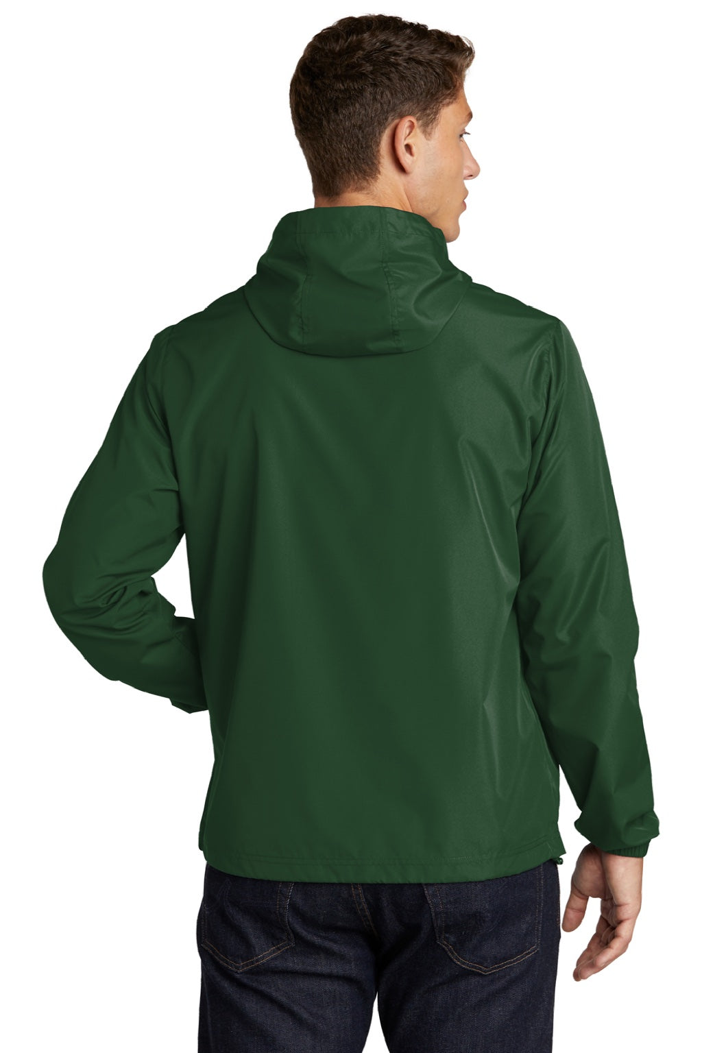 Sport-Tek JST66 Mens Wind & Water Resistant Packable Anorak 1/4 Zip Hooded Jacket Forest Green Model Back