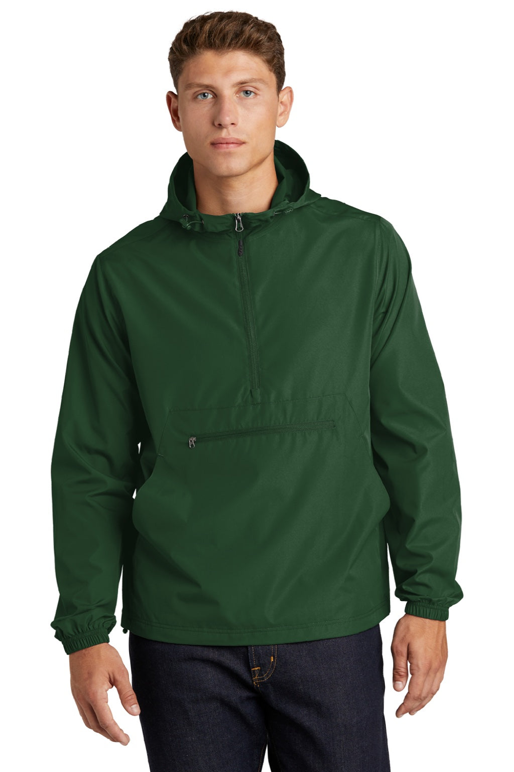Sport-Tek JST66 Mens Wind & Water Resistant Packable Anorak 1/4 Zip Hooded Jacket Forest Green Model Front