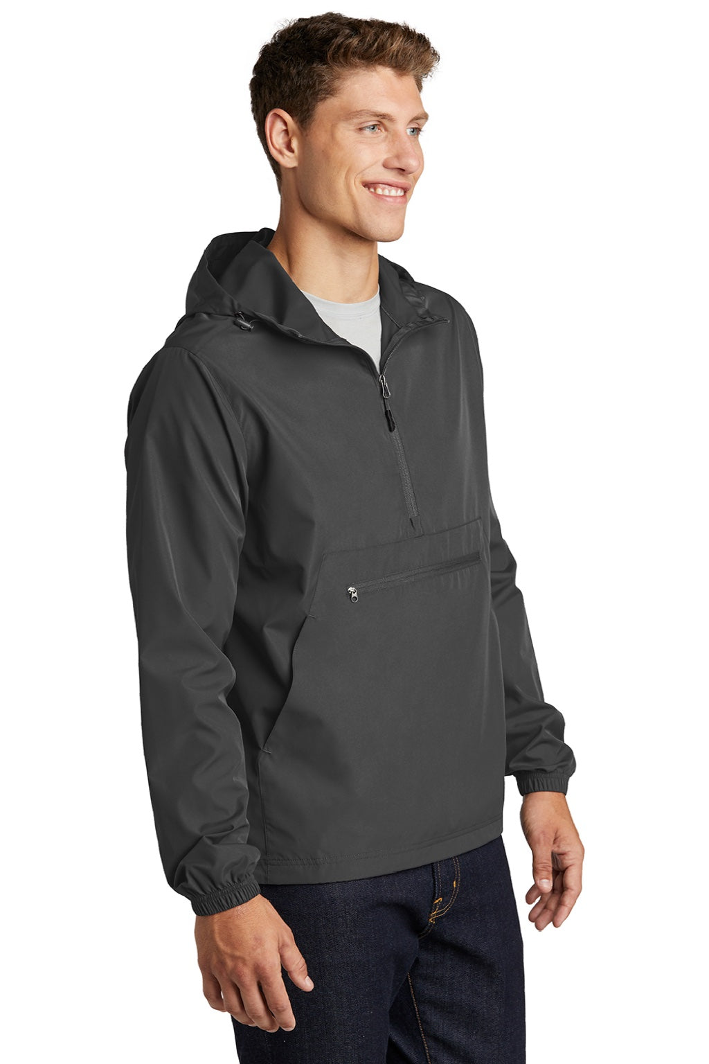 Sport-Tek JST66 Mens Wind & Water Resistant Packable Anorak 1/4 Zip Hooded Jacket Graphite Grey Model 3q