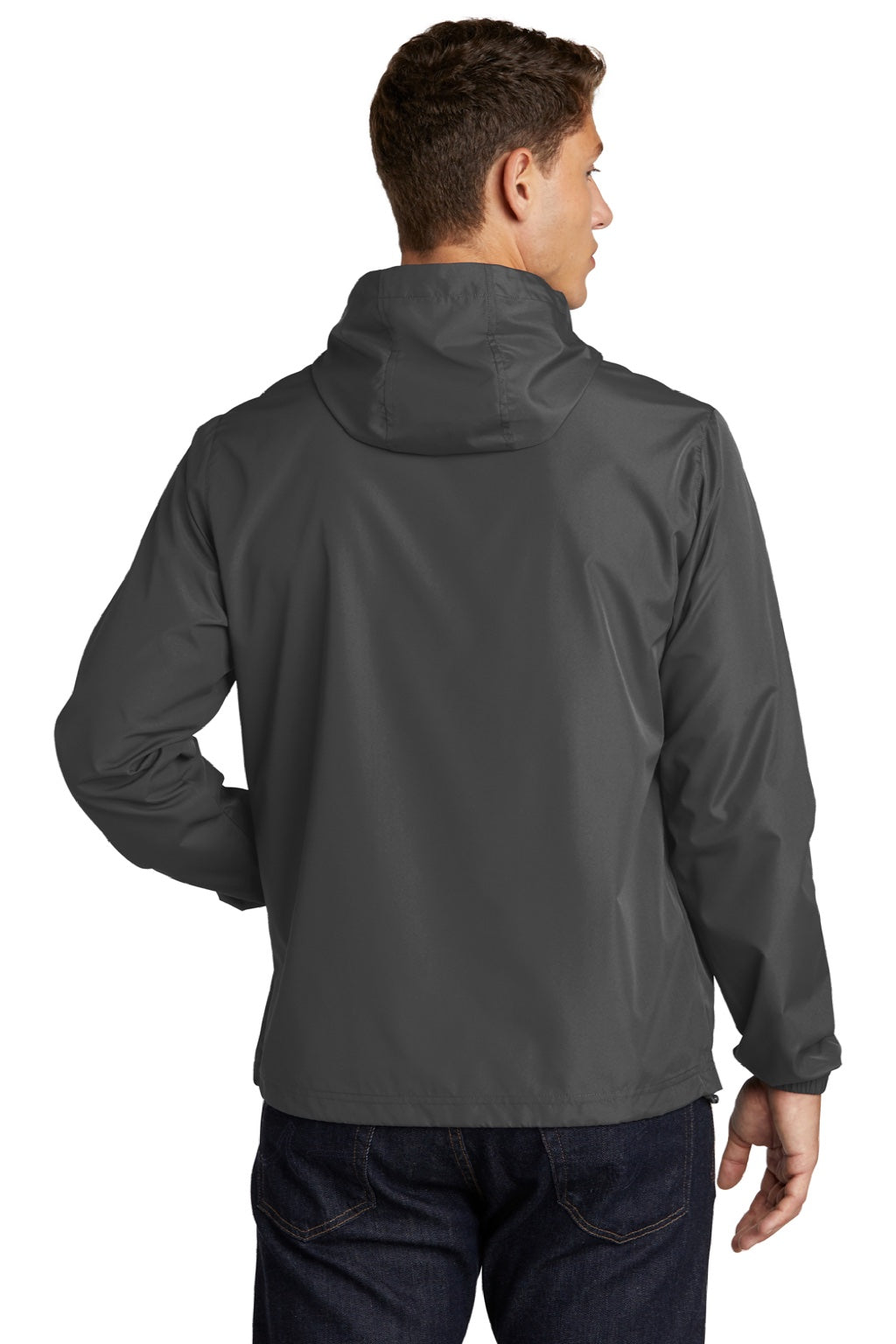 Sport-Tek JST66 Mens Wind & Water Resistant Packable Anorak 1/4 Zip Hooded Jacket Graphite Grey Model Back