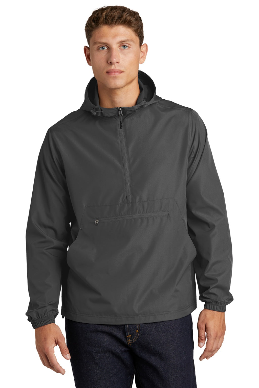 Sport-Tek JST66 Mens Wind & Water Resistant Packable Anorak 1/4 Zip Hooded Jacket Graphite Grey Model Front