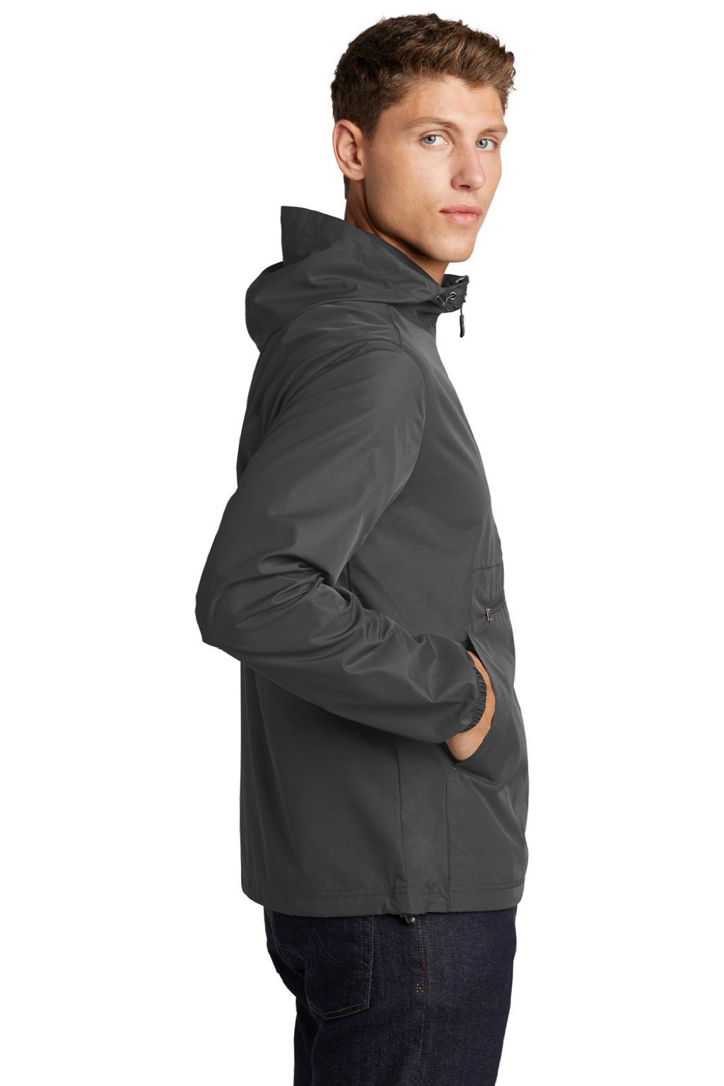 Sport-Tek JST66 Mens Wind & Water Resistant Packable Anorak 1/4 Zip Hooded Jacket Graphite Grey Model Side