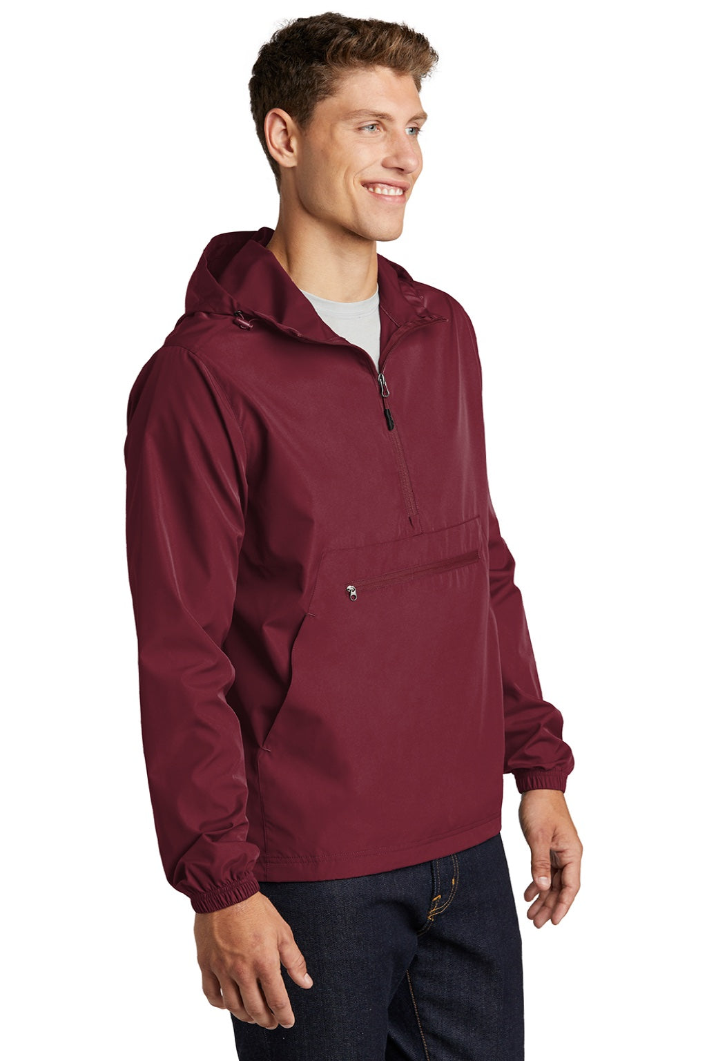 Sport-Tek JST66 Mens Wind & Water Resistant Packable Anorak 1/4 Zip Hooded Jacket Maroon Model 3q