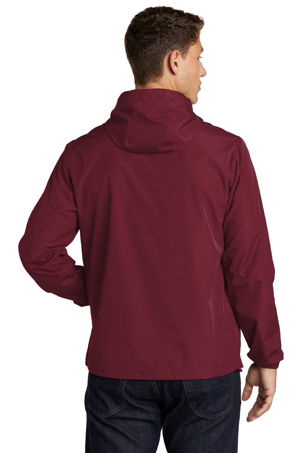 Sport-Tek JST66 Mens Wind & Water Resistant Packable Anorak 1/4 Zip Hooded Jacket Maroon Model Back