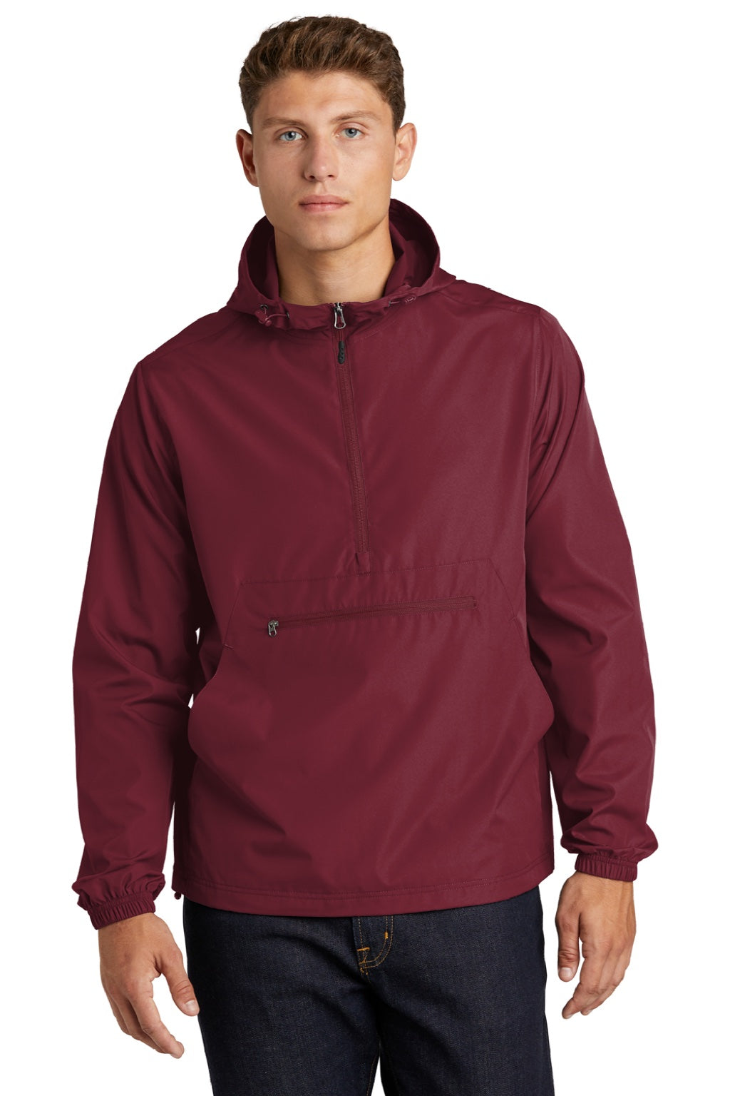 Sport-Tek JST66 Mens Wind & Water Resistant Packable Anorak 1/4 Zip Hooded Jacket Maroon Model Front
