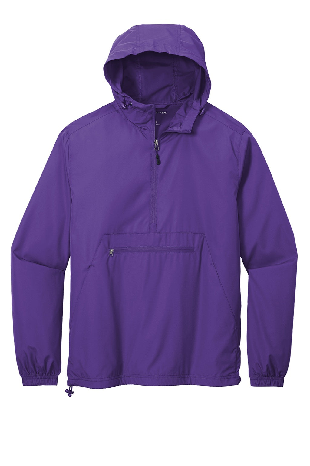 Sport-Tek JST66 Mens Wind & Water Resistant Packable Anorak 1/4 Zip Hooded Jacket Purple Flat Front
