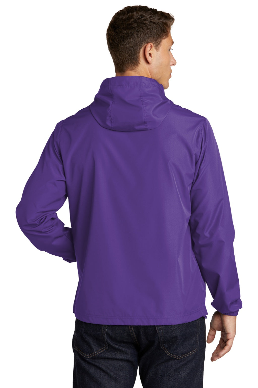 Sport-Tek JST66 Mens Wind & Water Resistant Packable Anorak 1/4 Zip Hooded Jacket Purple Model Back
