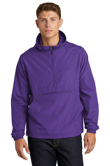 Sport-Tek JST66 Mens Wind & Water Resistant Packable Anorak 1/4 Zip Hooded Jacket Purple Model Front