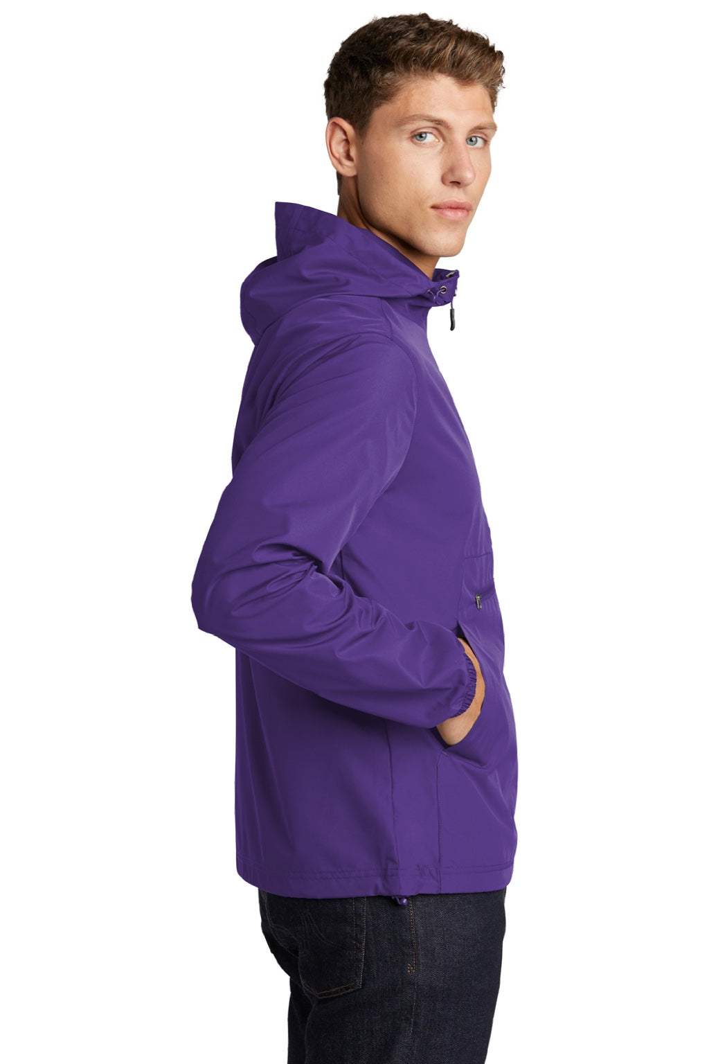 Sport-Tek JST66 Mens Wind & Water Resistant Packable Anorak 1/4 Zip Hooded Jacket Purple Model Side