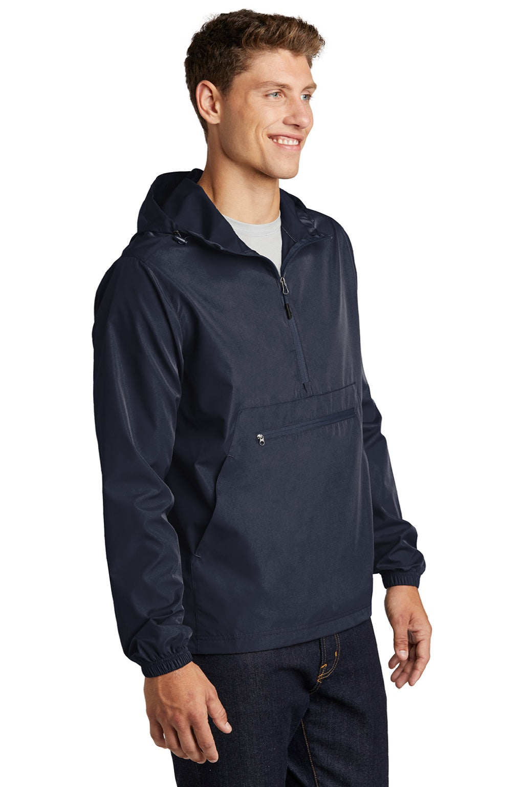 Sport-Tek JST66 Mens Wind & Water Resistant Packable Anorak 1/4 Zip Hooded Jacket True Navy Blue Model 3q