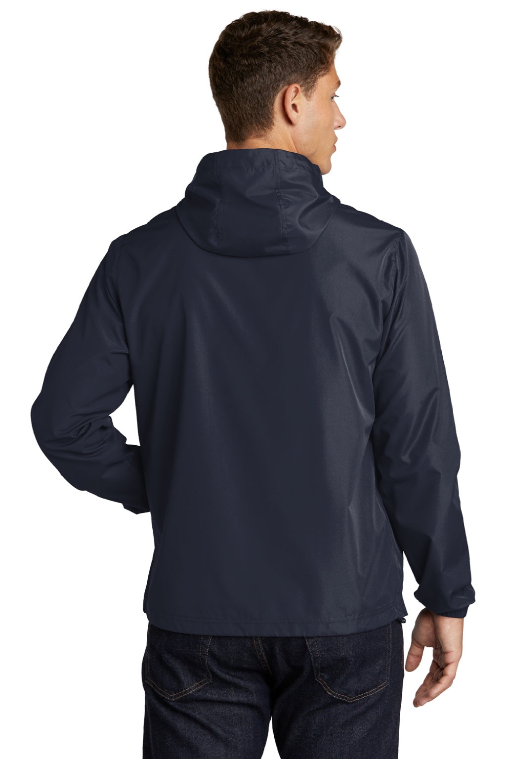 Sport-Tek JST66 Mens Wind & Water Resistant Packable Anorak 1/4 Zip Hooded Jacket True Navy Blue Model Back