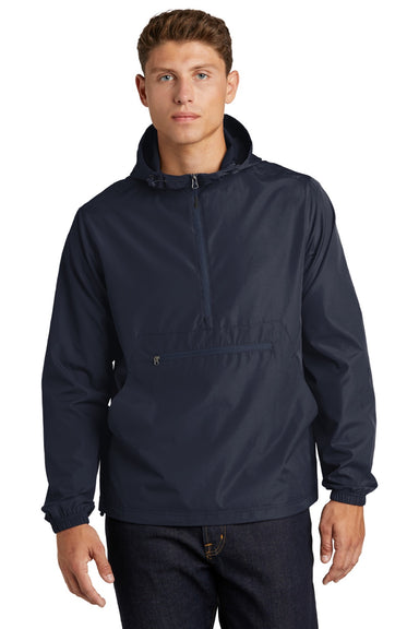 Sport-Tek JST66 Mens Wind & Water Resistant Packable Anorak 1/4 Zip Hooded Jacket True Navy Blue Model Front